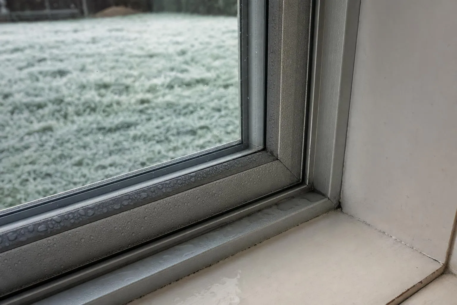 Illustrative: dry double glazing but condensation on the cold aluminium frame and sill on a frosty morning