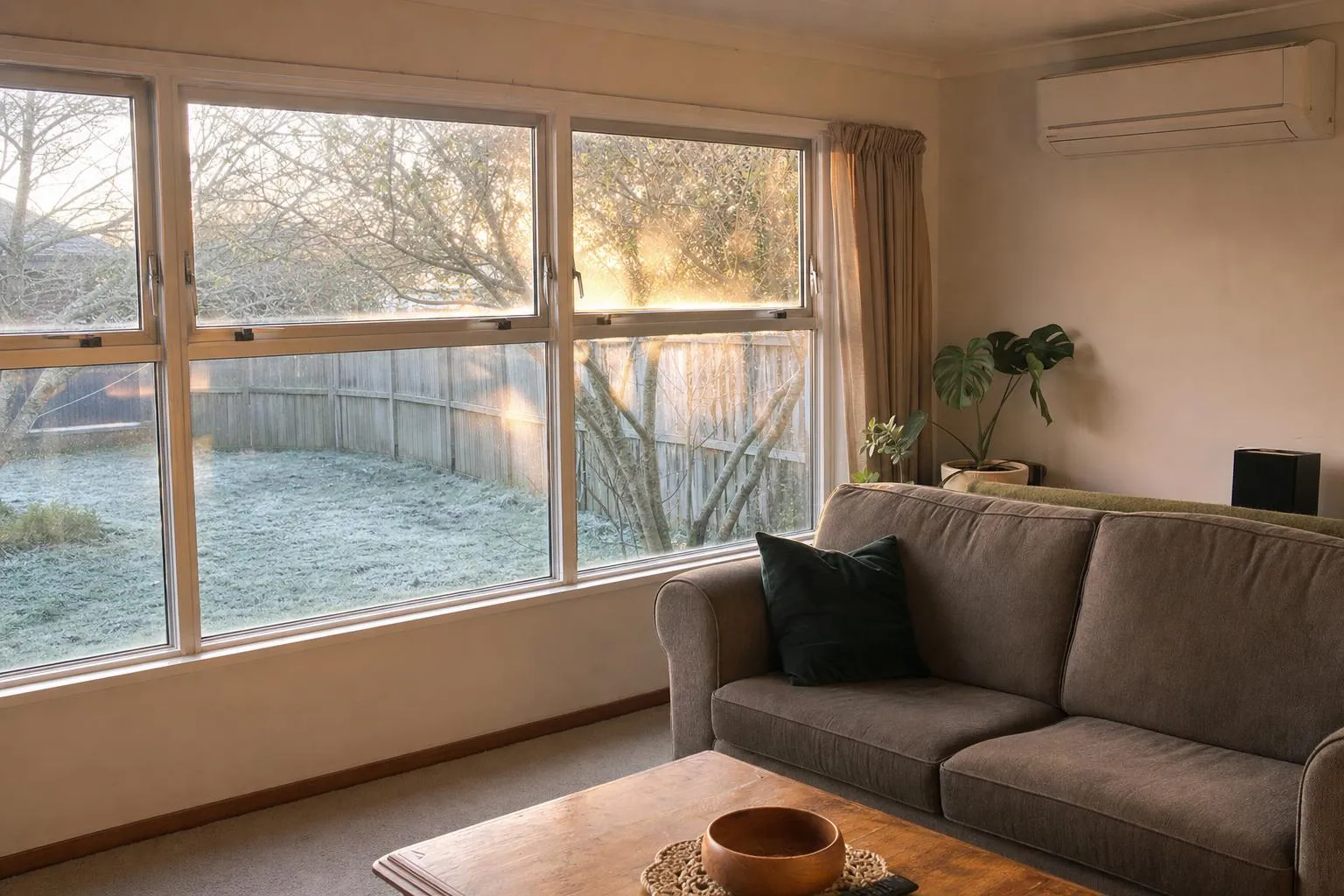 Illustrative: a 1980s lounge with its original aluminium windows retrofitted with double glazing, frost outside