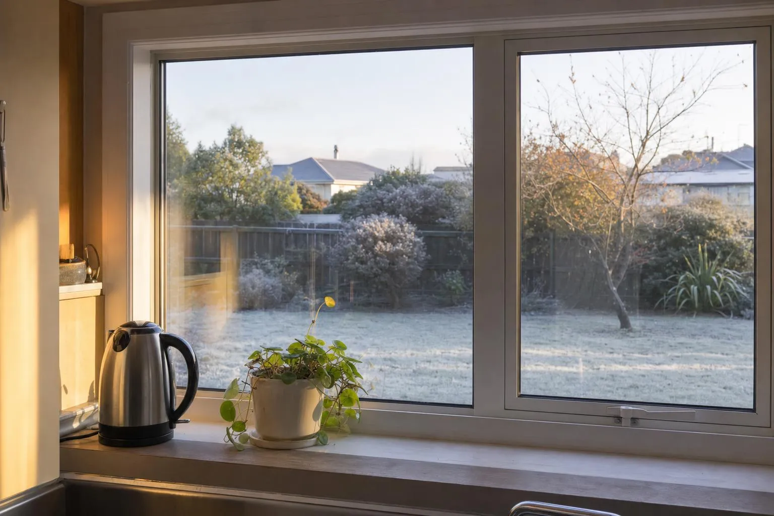 Illustrative: a dry, clear double glazed kitchen window with frost on the lawn outside