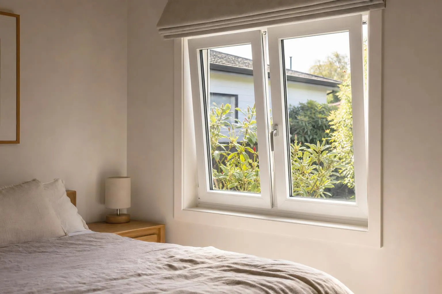 Illustrative: a bedroom with a white uPVC tilt-and-turn window