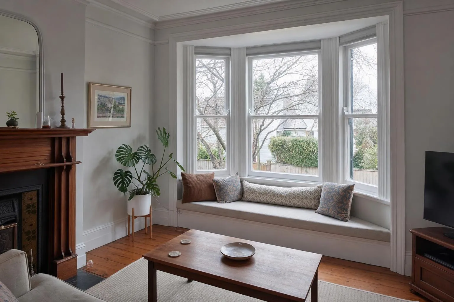 Illustrative: a villa bay window with painted timber sashes and a window seat