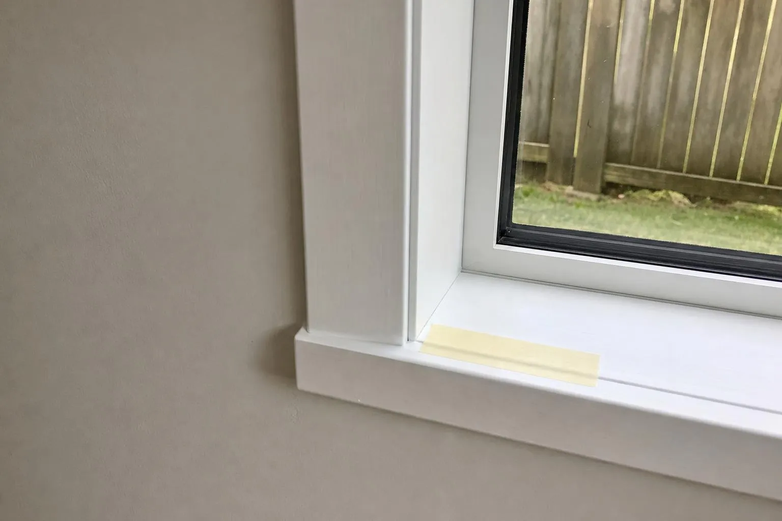 Illustrative: the corner of a newly fitted window with a new painted architrave and sill, and freshly patched gib beside it
