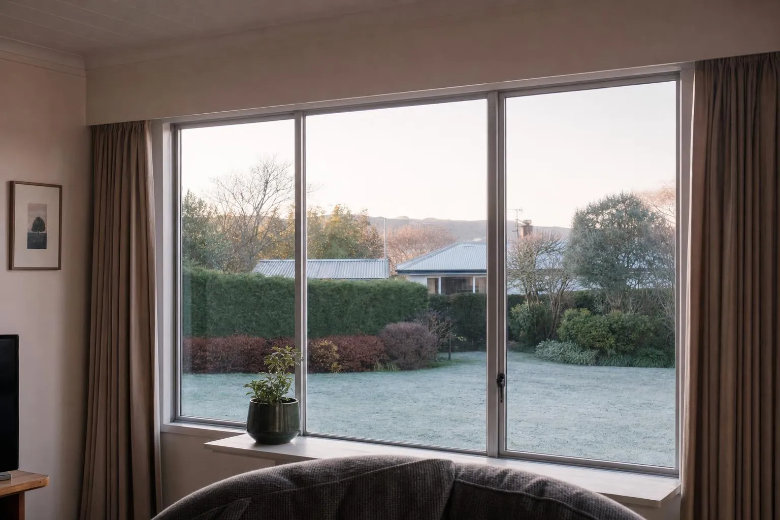 Illustrative: original aluminium window frames with clear double glazing and frost outside