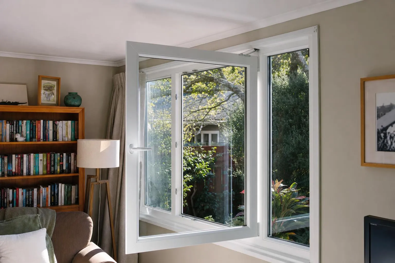 Illustrative: a white uPVC tilt-and-turn double glazed window swung open inwards in a living room