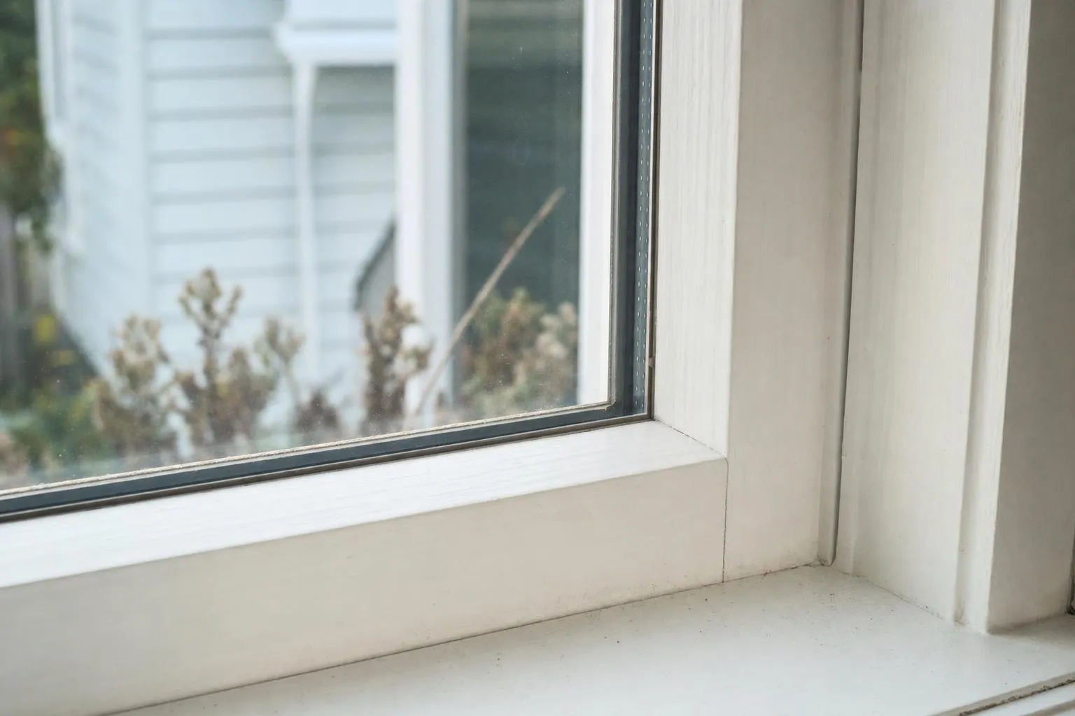 Illustrative: the corner of a painted timber sash with a new glazing bead holding a slim double glazed unit
